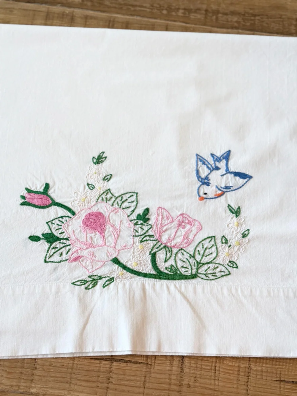 Vintage 1950’s Hand-Embroidered Bluebird Pillowcase. Springmaid | Cottagecore